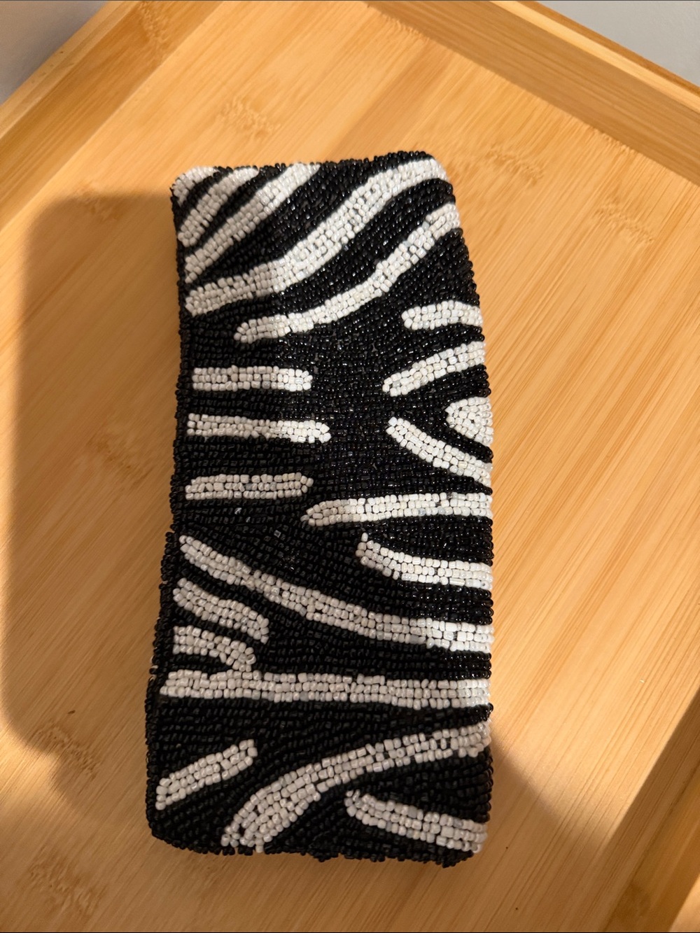 Beaded Zebra Print Wristlet Clutch in Black and White